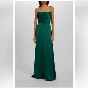 Amsale strapless draped bodice with A-line skirt in fluid satin, color Emerald